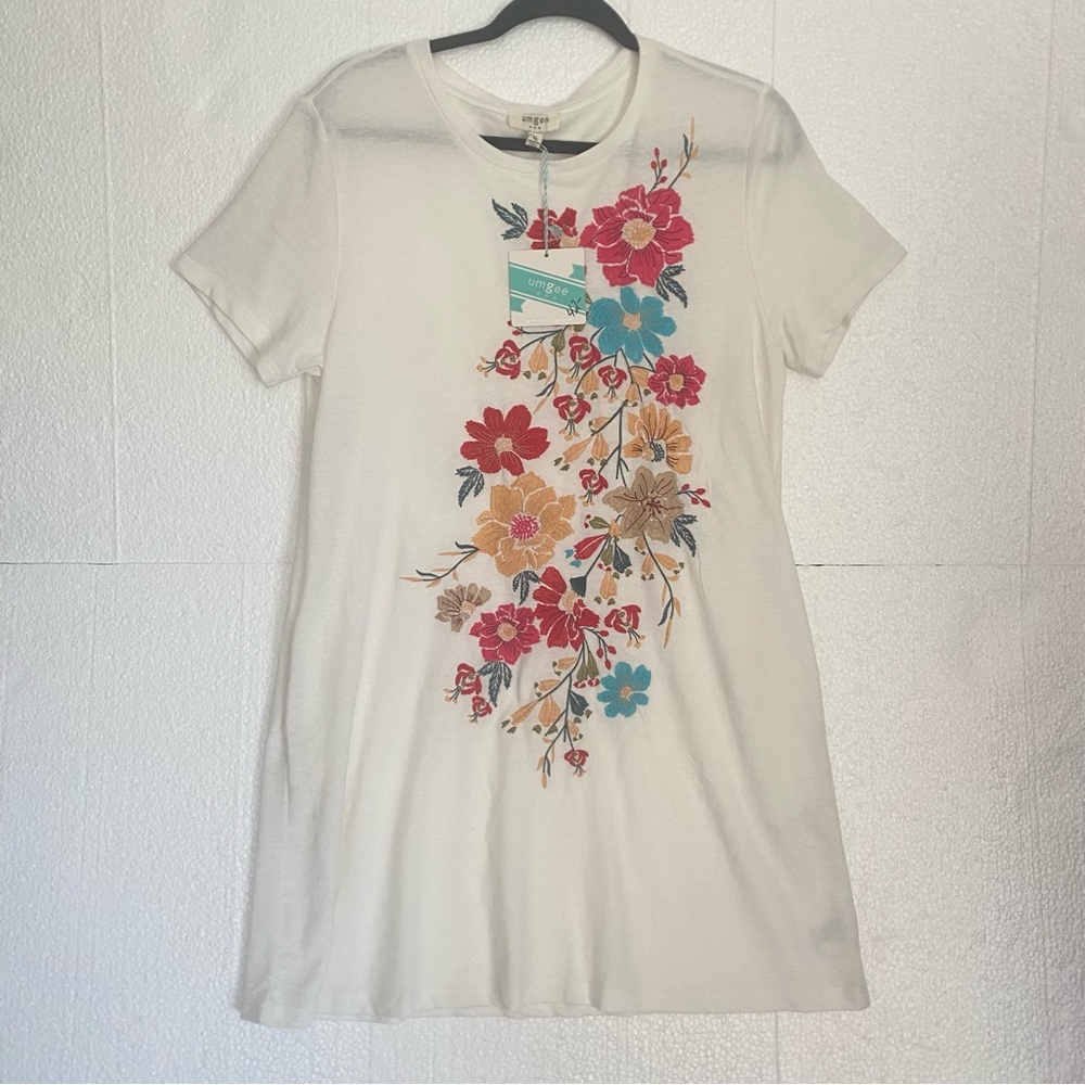 Umgee NWT Floral Embroidered Shirt Dress Women's Med White Colorful Flower